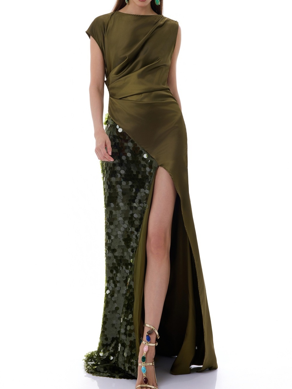 Violet Aurora Olive Green Sequin Satin High Slit Formal Gown Size L NWT - Picture 3 of 11